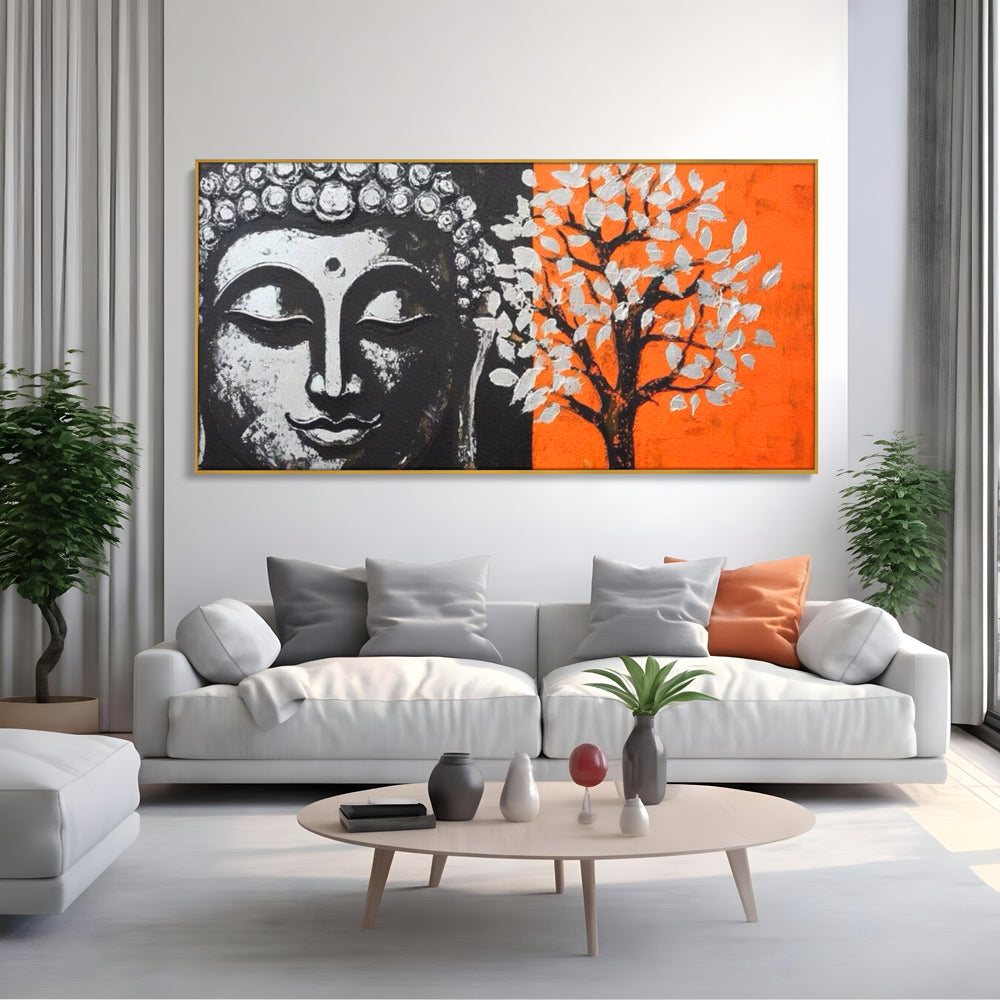 Tablou canvas cu tablou canvas cu capul lui buddha si un copac, in rama de aluminiu auriu, pe perete intr-un living
